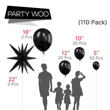 Partywoo Black Balloons, 110 Pcs 22 Inch Star Balloons And Black Balloons Different Sizes Pack Of 18 Inch 12 Inch 10 Inch 5 Inch For Balloon Garland Or Arch As Birthday Decorations, Party Decorations