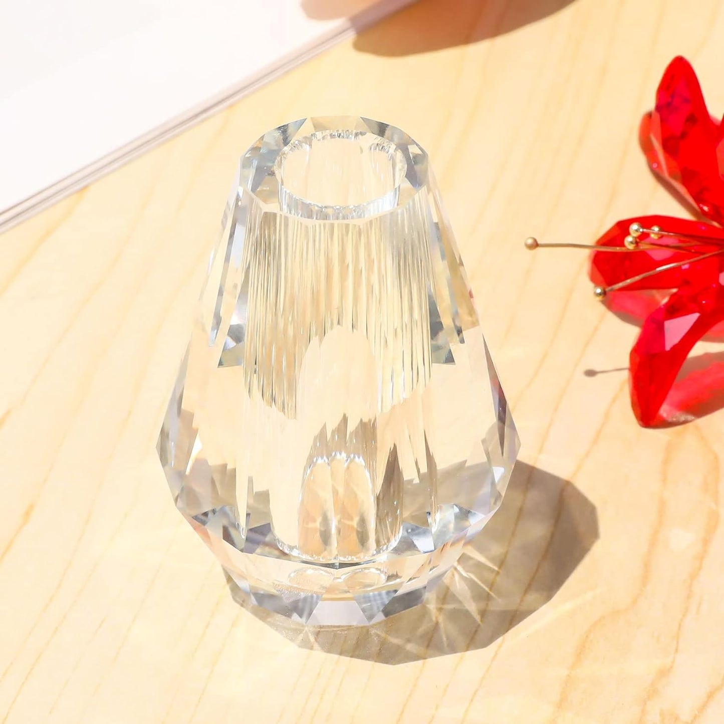 Red Crystal Pink Lily Flower Figurine With Stems - Handmade Collectible Statue For Decoration Mothers Day Centerpiece Valentines Day Bridal Shower Gift
