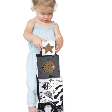 Wee Gallery Nesting Blocks - Ocean Animals And Numbers - Black And White Stacking And Building Toy For Toddlers And Kids - Motor