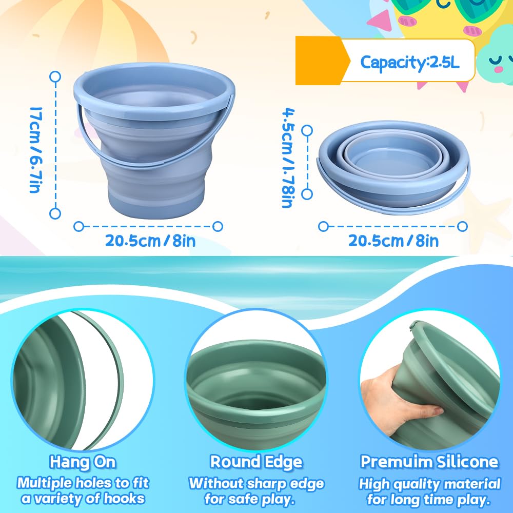 Dilabnba Collapsible Beach Buckets Set Toys, Easter Eggs Buckets, 3PCS 2.5 L Portable Silicone Foldable Pails for Camping Sandbo