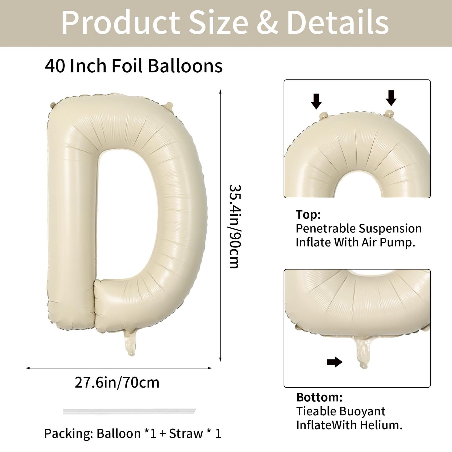 Biapian 40 Inch Letter D Balloons, Giant Cream D Foil Balloon, Big Single Alphabet A-Z Balloons, Beige Large Aluminum D Balloons