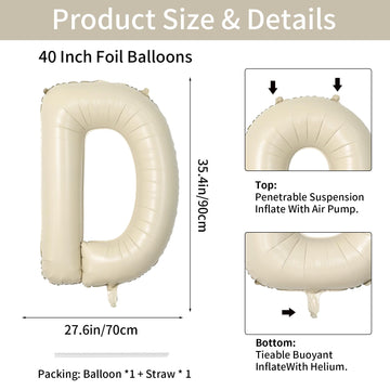 Biapian 40 Inch Letter D Balloons, Giant Cream D Foil Balloon, Big Single Alphabet A-Z Balloons, Beige Large Aluminum D Balloons