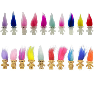 20pcs Luminous Mini Troll Dolls Glow in The Dark Vintage Action Figures Lucky Troll Dolls 1.2'' Bodies, 2.3'' Hair. Cake Toppers