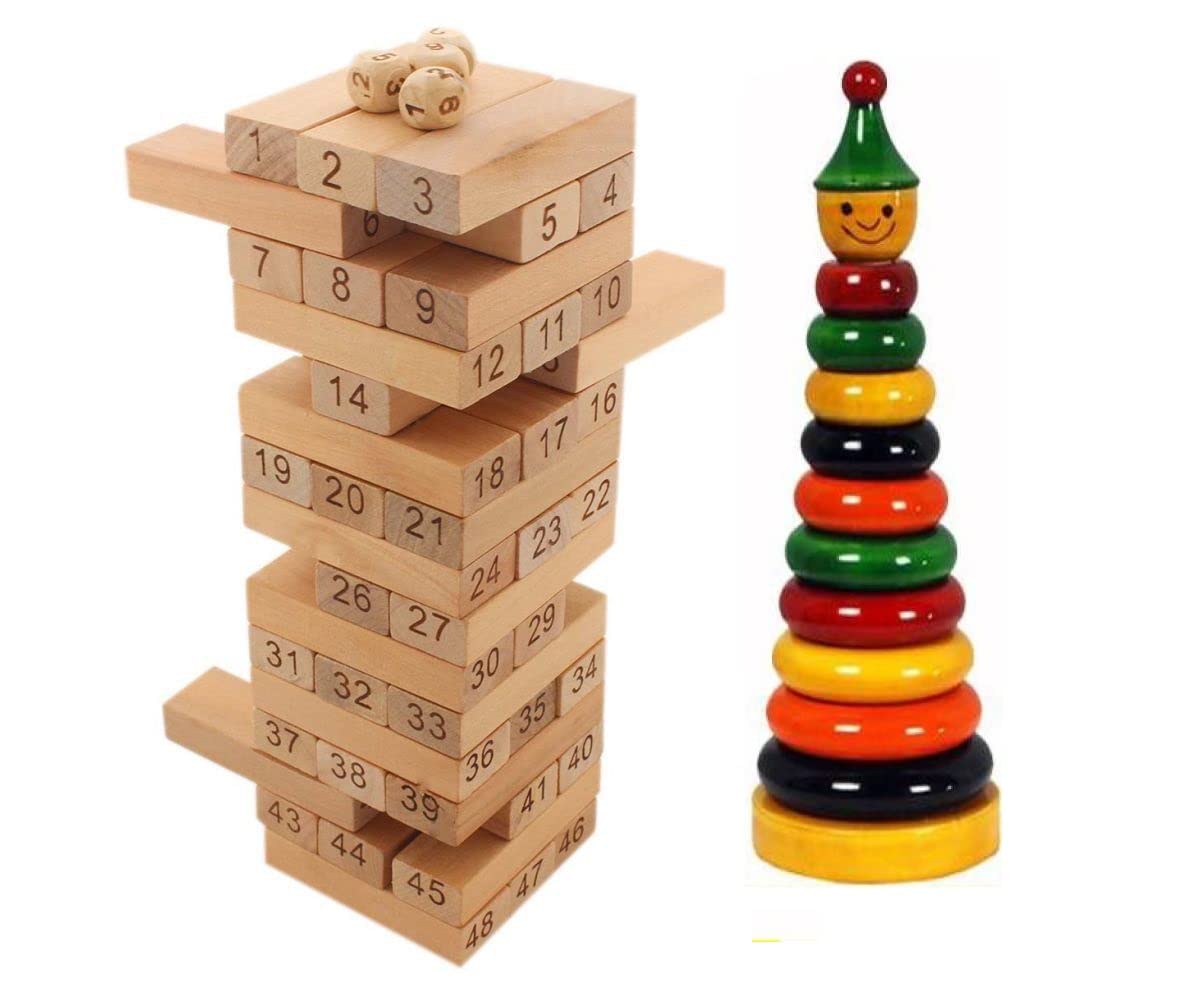 Authfort Wooden Natural Wood Color Good Building Blocks Educational Game Toy 48 Pcs & Wooden 10 Piece Toddlers Montessori Ring S
