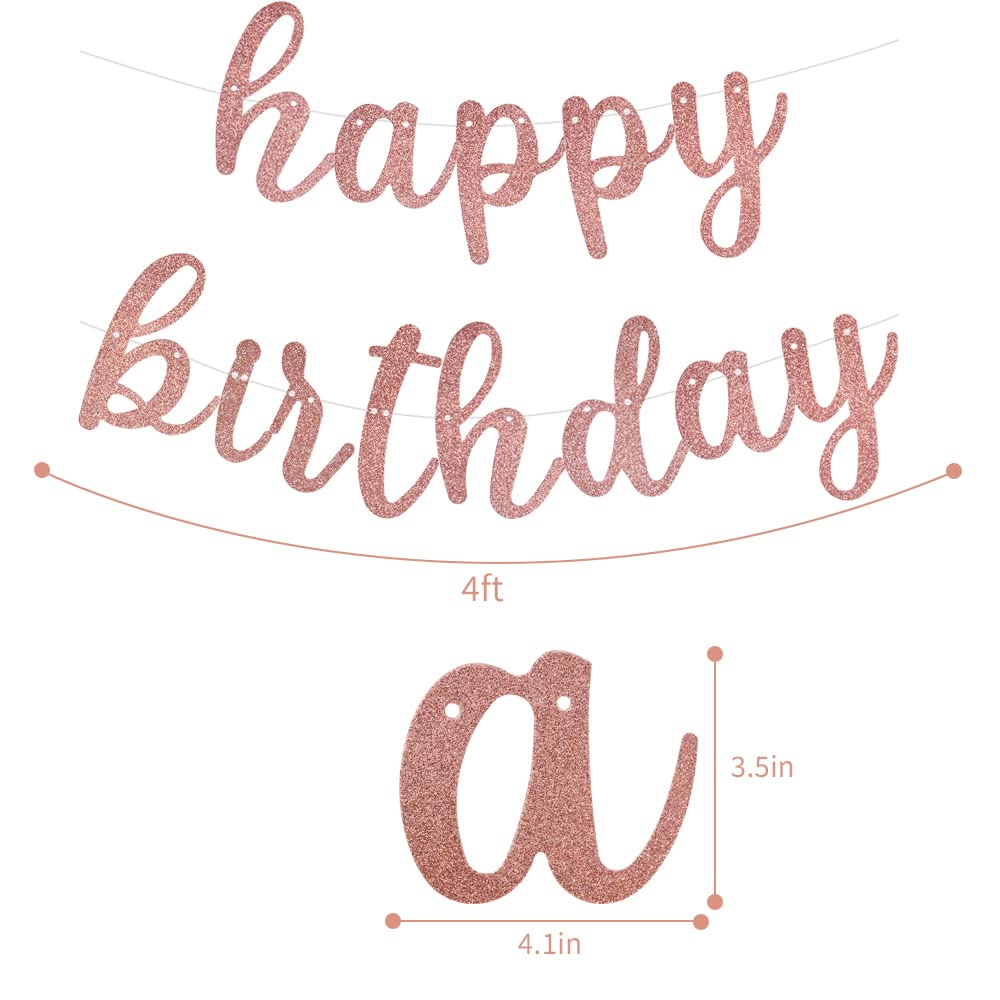 Rose Gold Happy Birthday Banner - No Diy - Rose Gold Birthday Party Banner In Script - Pre-Strung - Rose Gold Glitter Birthday G