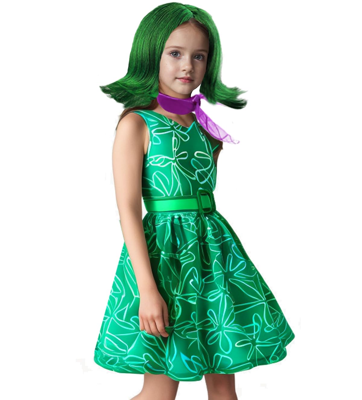 Magwei Girls Disgust Costume Joy Princess Dress Costume Kids Cosplay Dress Up Halloween Birthday Christmas Outfits With Wig (Gre