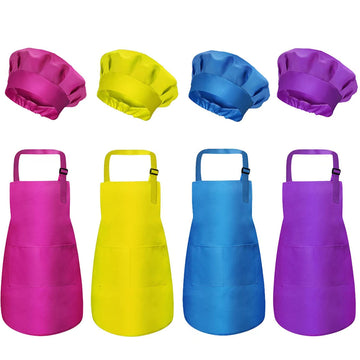 yarachel Kids Apron and Chef Hat Set - 8 Pieces Waterproof and Adjustable Child Aprons with Pockets Kitchen Bib Aprons for Boys 