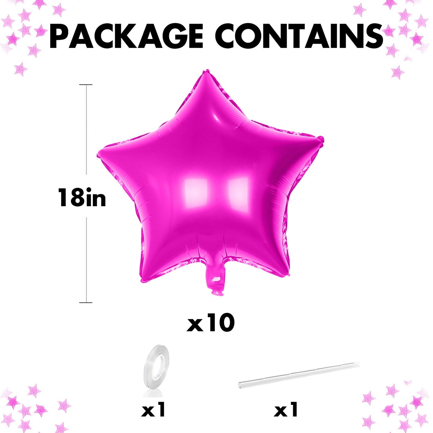 18 Inch Hot Pink Star Balloons, 10 Pcs Hot Pink Star Shape Foil Balloon Helium Balloons, Big Mylar Star Balloons For Wedding, Ba
