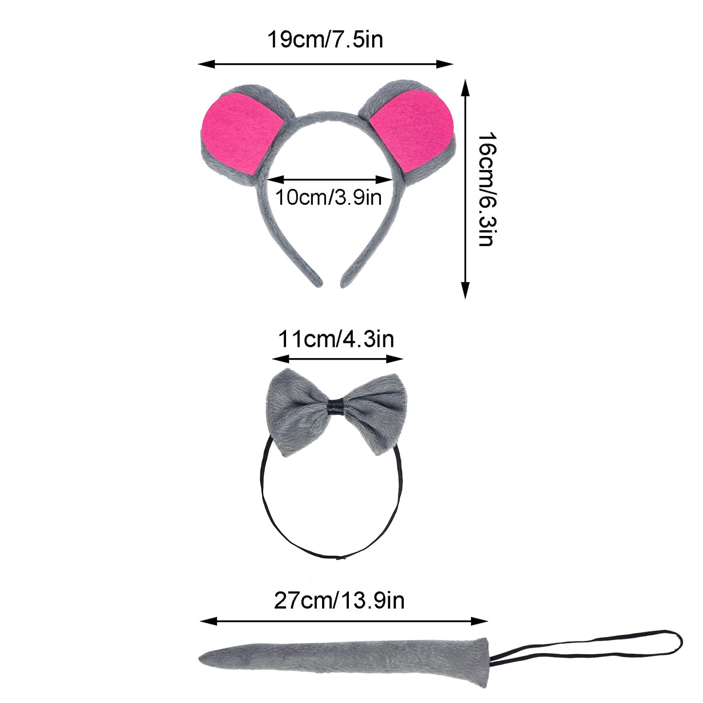 Jmkcoz Gray Mouse Costume Tutu Set  Mouse Ear Headband Bowtie Tail Tutu for Halloween Cosplay Party Dress Up Accessories