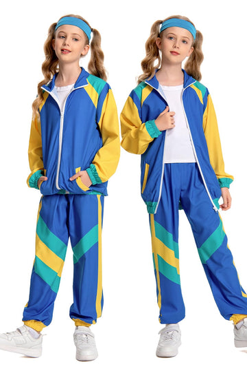 Masswo 80S Tracksuit Kids Vintage Hip Hop Costume Colorblock Windbreaker Set 2 Piece Sports Wear
