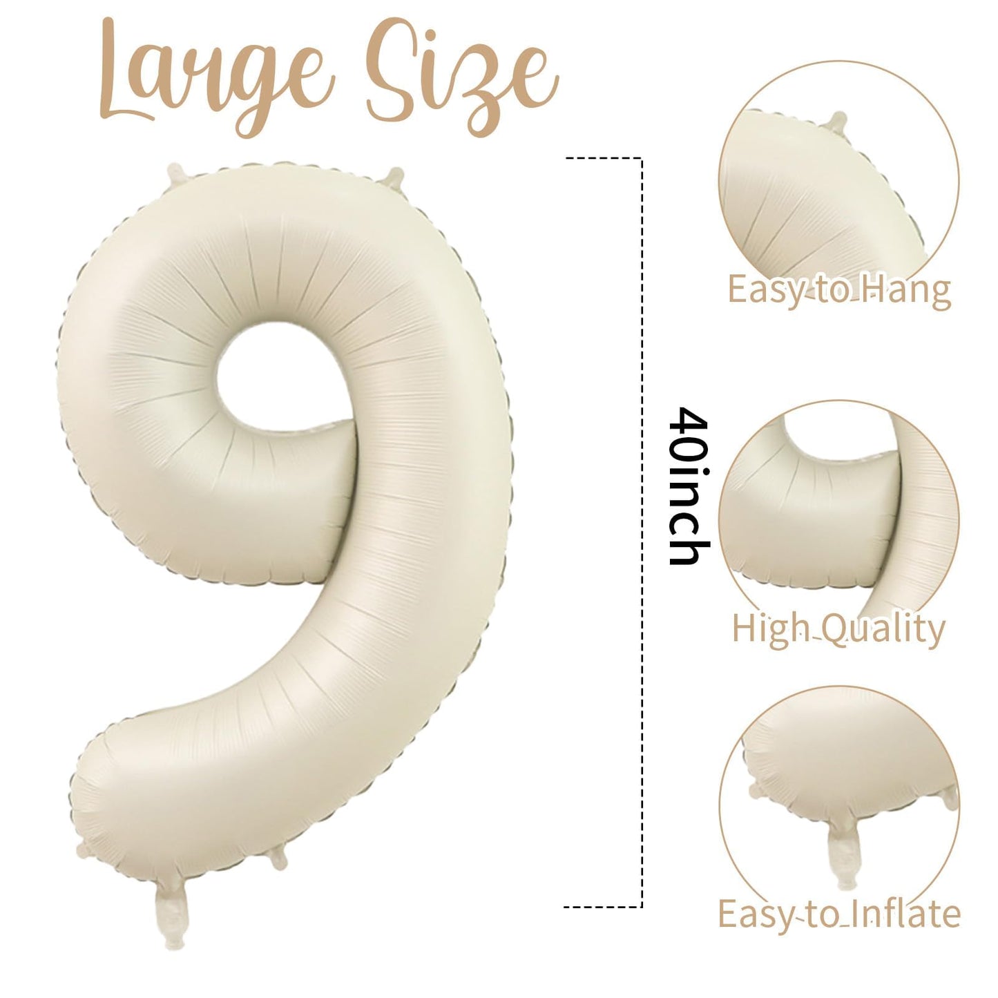 40 Inch Cream White 9 Balloon Numbers, Large Number 9 Balloon Foil Helium Number Balloons, Big 9 Mylar Birthday Balloons for Boy