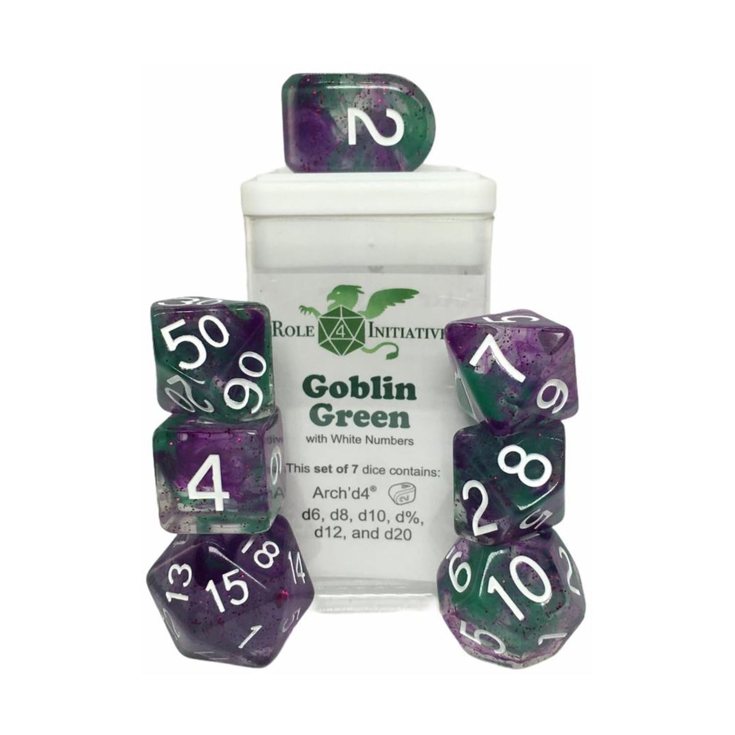 Role 4 Initiative Polyhedral Dice - Green Goblin Arch'D4'S W/White Numbers (7)