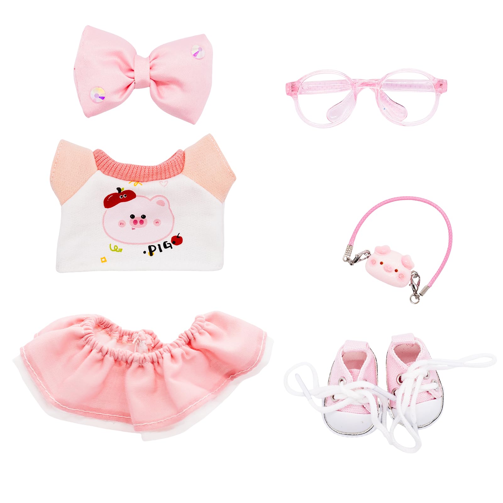 Clothes for 17cm Dolls Pink Cute Style 6 Piece Set Including a Bow  Shirt  Skirt  Glasses  Shoes and Piglet Bag  Fashion Dolls Outfit with enhanced Dolls Accessories for Play & Display - No Doll