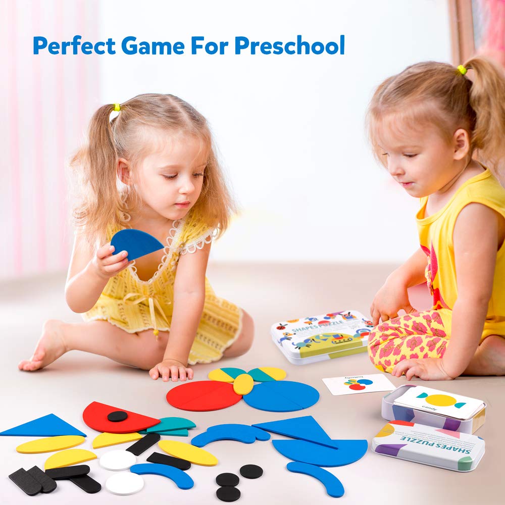 Coogam Wooden Pattern Blocks - Tangram Shape Puzzle Set, 60 Cards, Multicolor, Basswood, STEM Gift for Kids 3-5 Years Old