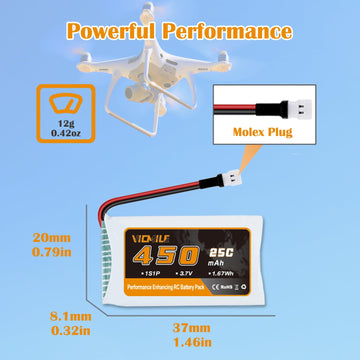 VICMILE 3.7V Lipo Battery 450mAh 25C RC Drone Batteries with 5-in-1 Charger Molex Plug Compatible with Most SYMA and Holystone R