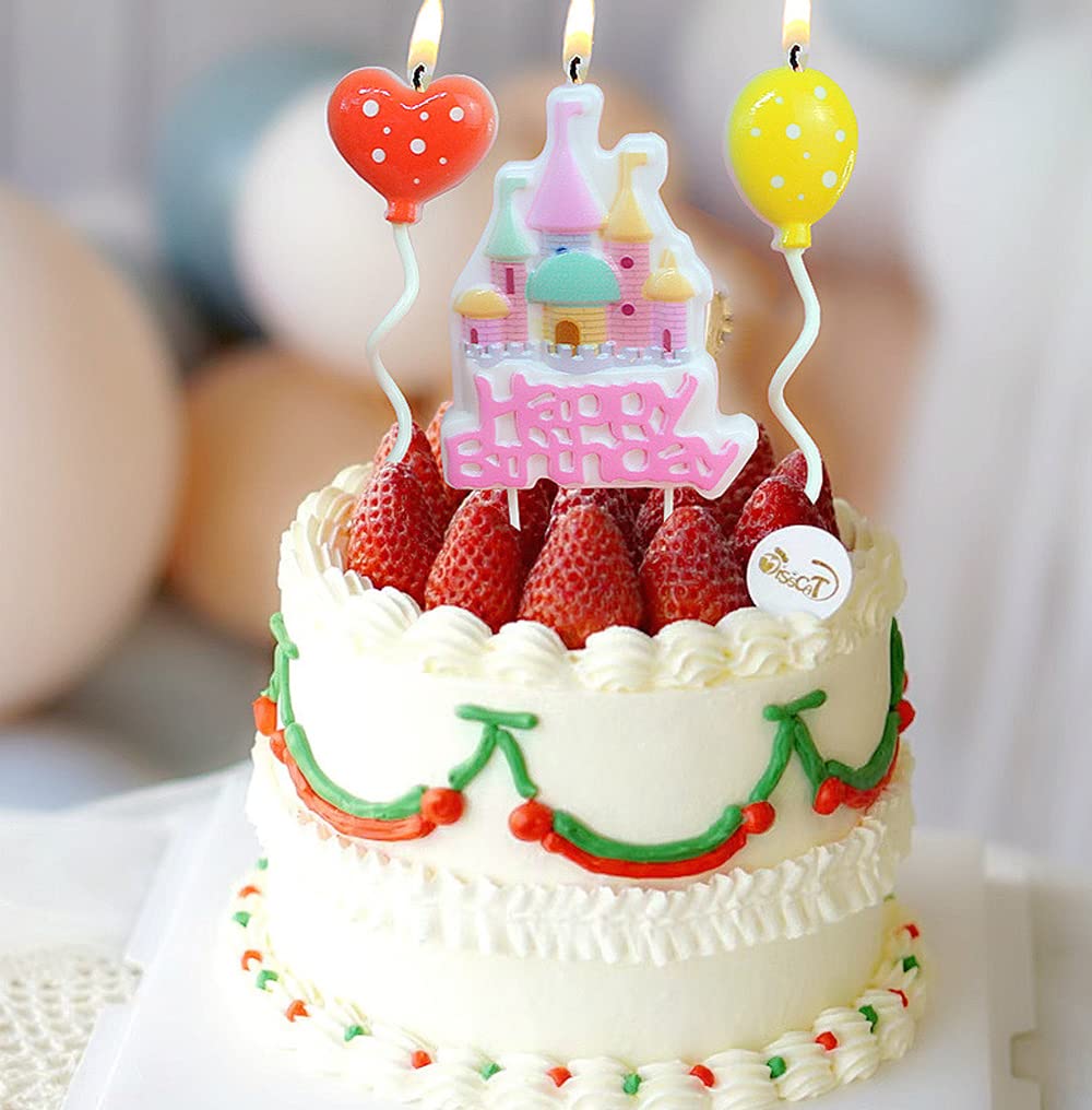 Castle Happy Birthday Candle Set,Fairy Tale Theme Baby Kids Children Happy Birthday Candles,Party Supplies,Cake Decoration (Pink