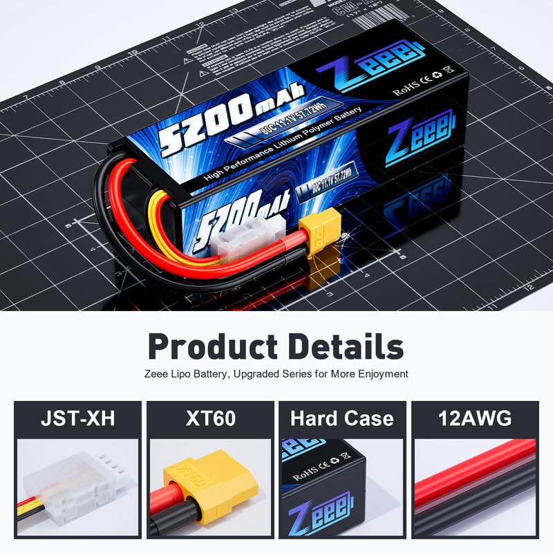 Zeee 3S 5200mAh Lipo Battery 11.1V 80C Hard Case with XT60 Connector for RC Car Truck Boat Airplane Quadcopter Helicopter Racing
