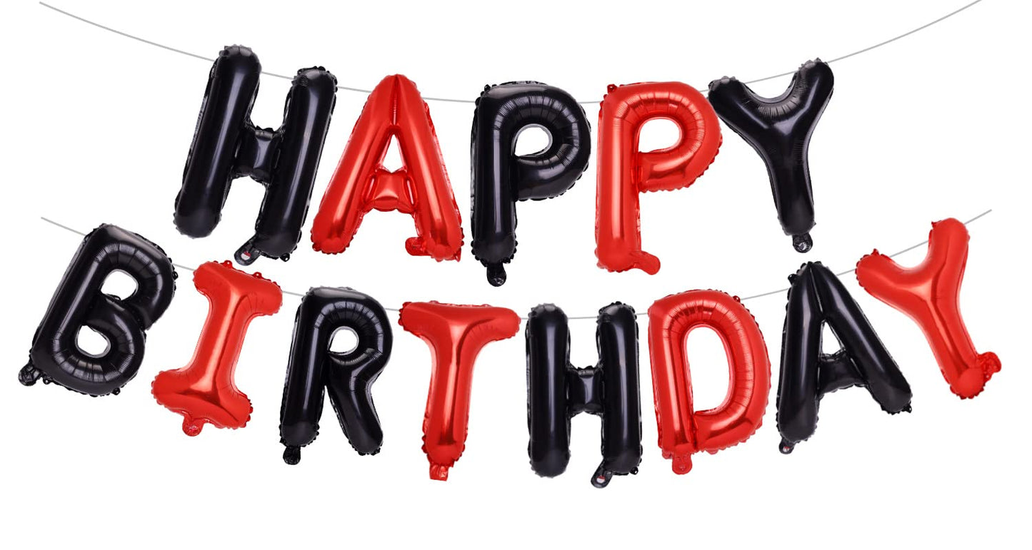 Pigetale Black And Red Happy Birthday Banner Balloons, 16 Inch Mylar Foil Happy Birthday Sign Banner For Kids And Adults, 3D Hap