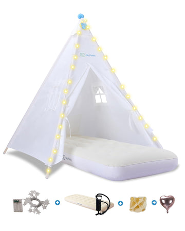 Heypappy Teepee Tent for Kids with Inflatable Airbed, String Lights, Balloons, Pump, Washable Slumber Party Tent Indoor Outdoor 