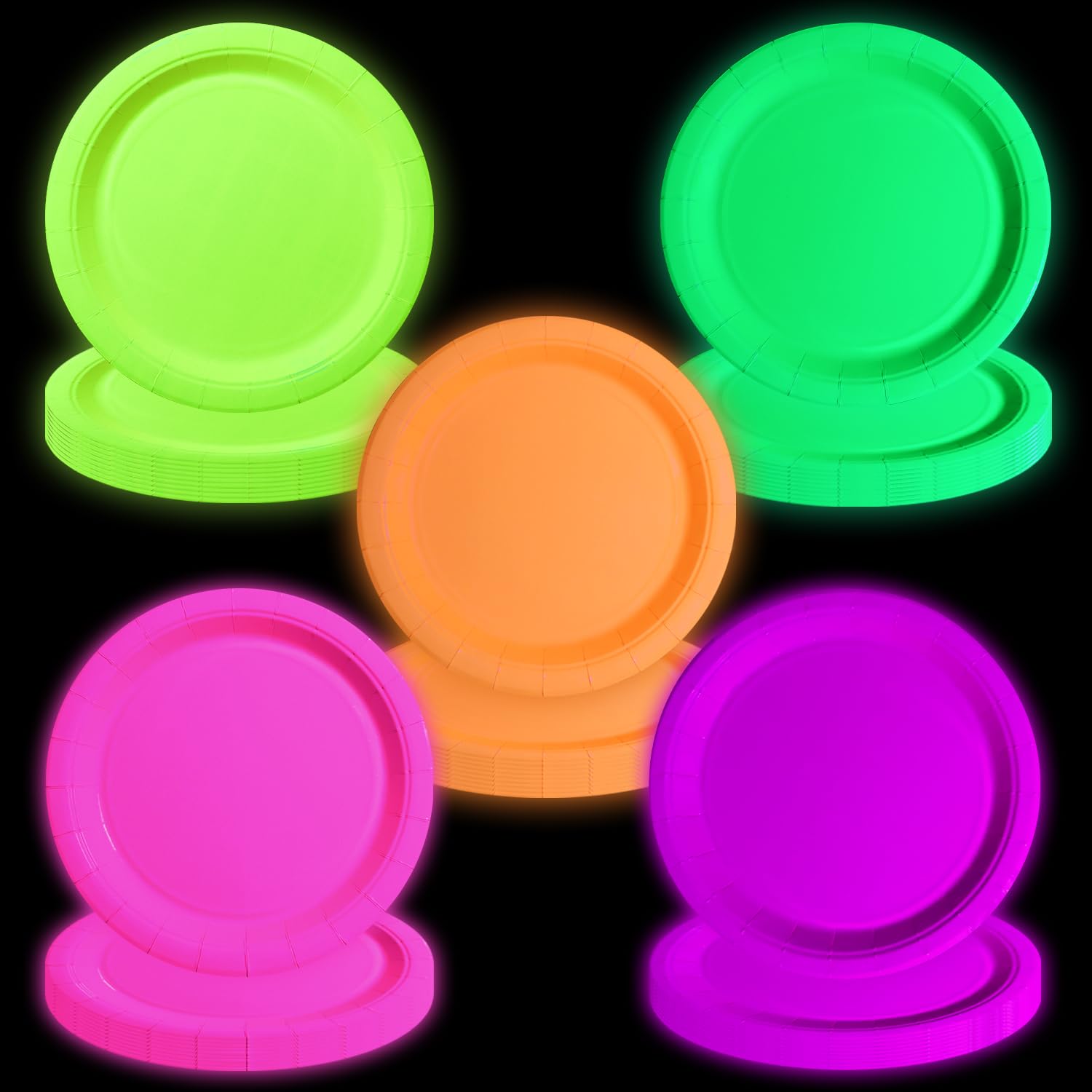 APUXXJUPA 50 Pcs Glow in the Dark Neon Party Supplies, 5 Color Neon Birthday Plates Disposable Paper Plates for Lets Glow Party