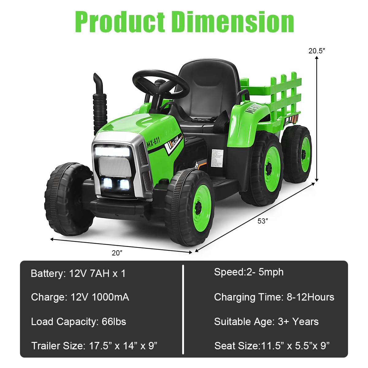 Costzon Ride On Tractor With Detachable Trailer, 12V Kids' Electric Vehicles W/3-Gear-Shift Ground Loader, Wireless Design & Usb, 7 Led Headlights, Remote Control Tractor Toys For Kids 3+ (Green)