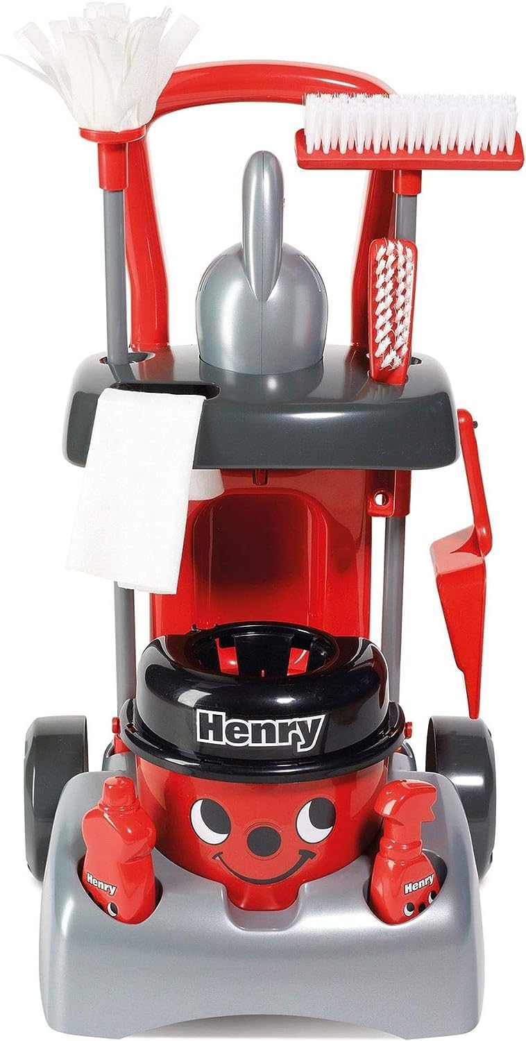 Casdon Henry & Hetty Toys - Henry Deluxe Cleaning Trolley - Red Henry-Inspired Toy Playset with Working Hand Vacuum - Kids Clean
