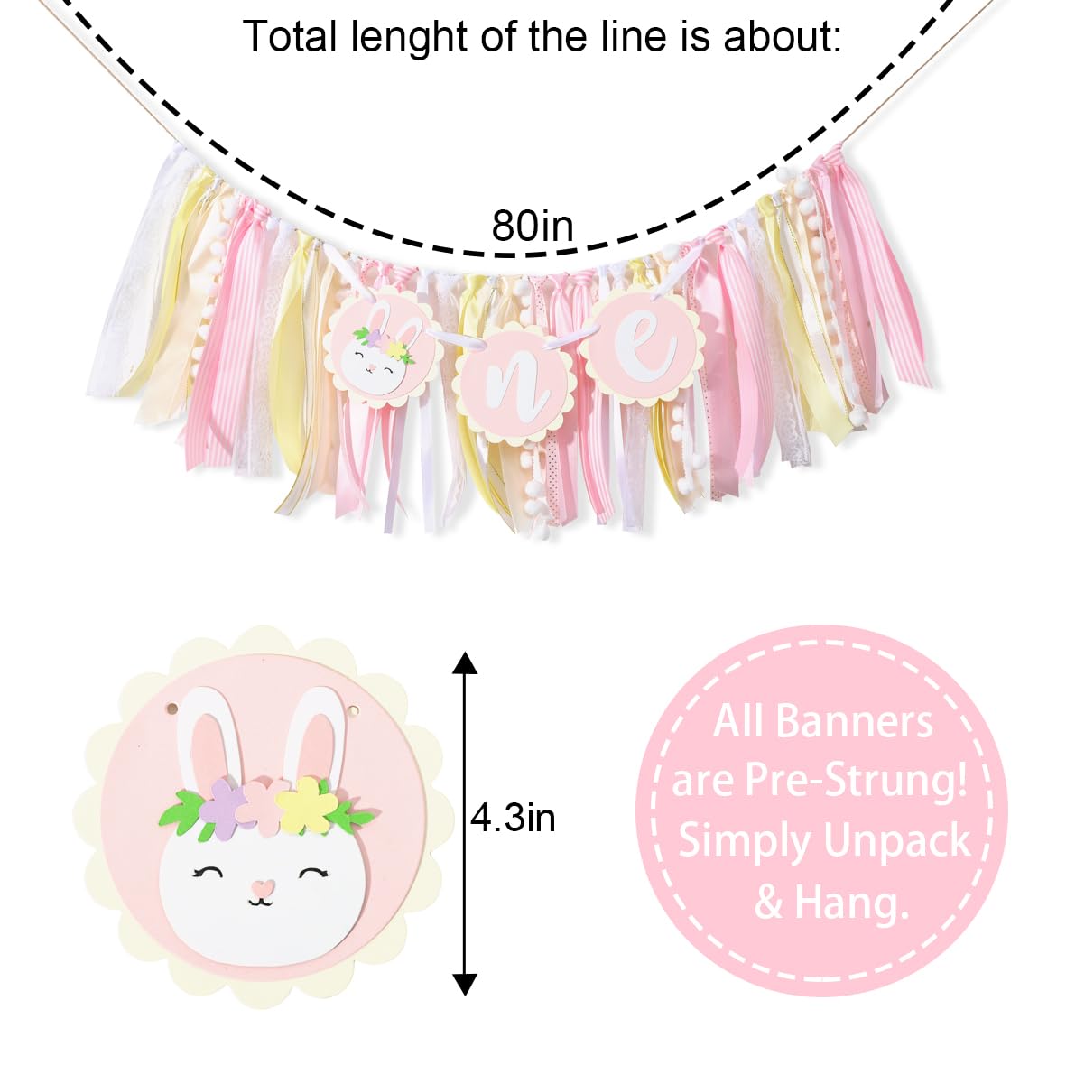 Some Bunny Is One High Chair Banner - Easter Bunny 1st Birthday Highchair Banner for Girls, Spring Rabbit 1st Birthday Decoratio