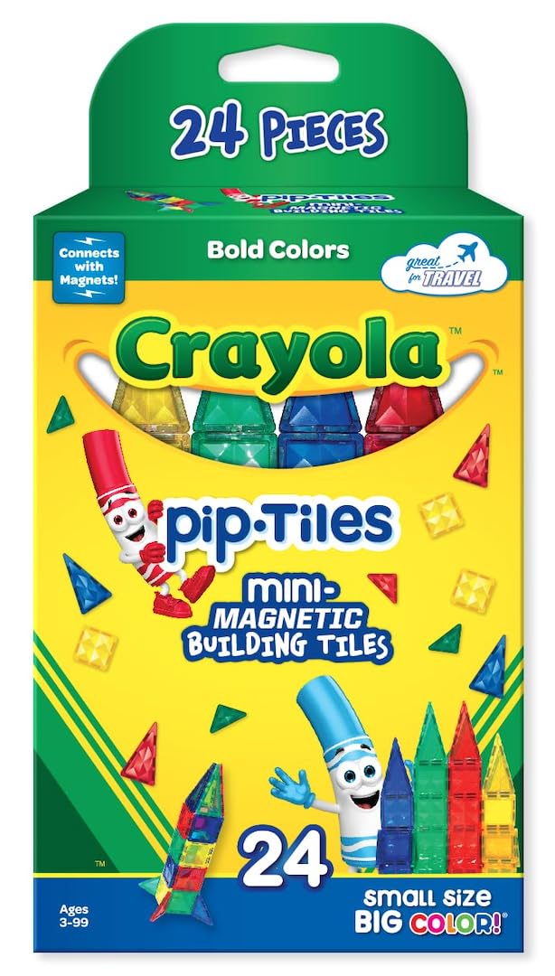 Createon Crayola Mini Magnetic Pip-Tiles, Bold Colors - Building Set For Kids, Magnetic Building Toys For Kids, Stem Travel Toys For Boys And Girls Ages 3+, 24-Piece Set (Bold)