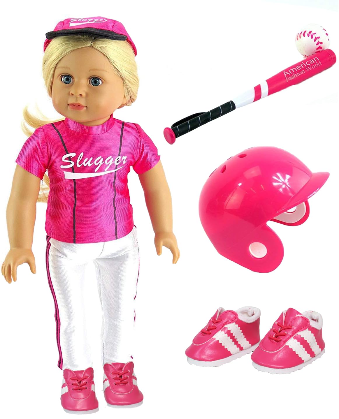 Hot Pink Baseball Uniform with Baseball Bat  Helmet  and Shoes (Doll Not Included) | 18 Inch Doll Clothes