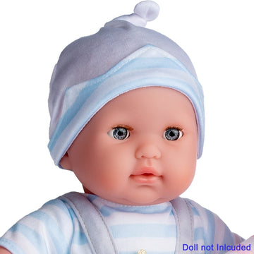 Jc Toys | Berenguer Boutique | Baby Doll Outfit | Gray Overall Shorts With Blue Stripes | Includes Headband And Booties | Ages 2+ | Fits Dolls 14'- 16'