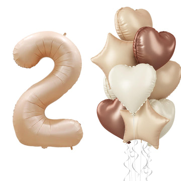 Nude 2 Balloons Set, 40 Inch Retro Apricot Foil Number 2 Balloon Boho Decor, Neutral Heart Balloon Brown Tan Star Helium Heart B