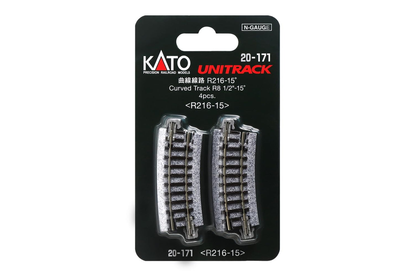 Kato USA Model Train Products Unitrack, 216mm (8 9/16'') Radius 15-Degree Curve Track (4-Piece)