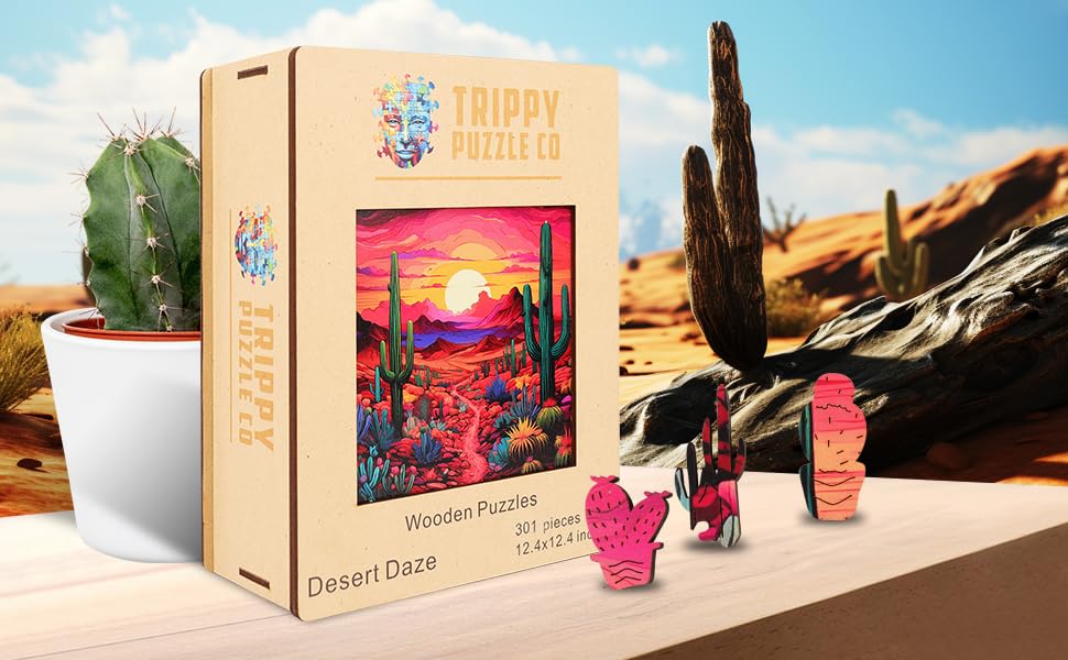 Trippy Puzzle Co - Wooden Jigsaw Puzzle For Adults - Challenging 300 Piece Puzzle With Cool Shapes - Desert Cactus Puzzle Art -
