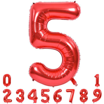 Toniful 40 Inch Red Large Numbers Balloons 0-9, Number 5 Digital 5 Helium Balloons, Foil Mylar Big Number Balloons For Birthday