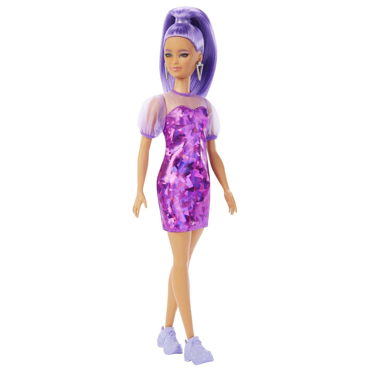 Barbie Fashionistas Doll, Petite, Long Purple Hair & Purple Metallic Dress, Sheer Bodice & Sleeves, Purple Sneakers, Toy For Kid