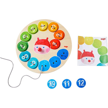 HABA Caterpillar Rainbow Preschool Learning Activity with Colors & Numbers, Threading Game & Fine Motor Skills Toy for Kids, Lac