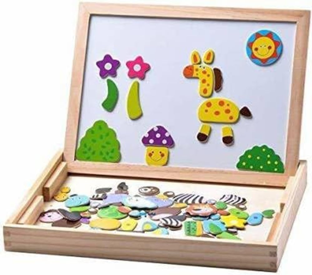 Royaldeals Toys 2 in 1 Magnetic Wooden Puzzle Educational Learning with Writing & Drawing Board