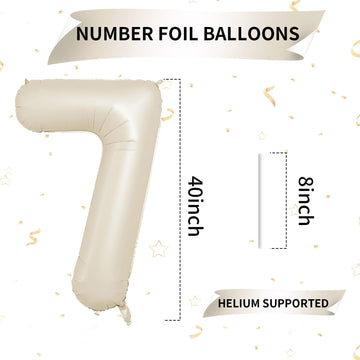 40 Inch Cream Number 7 Balloon, Beige Large 7Th Birthday Balloons, Digital 7 Cream White Giant 7 Foil Balloon Helium For Boys Gi