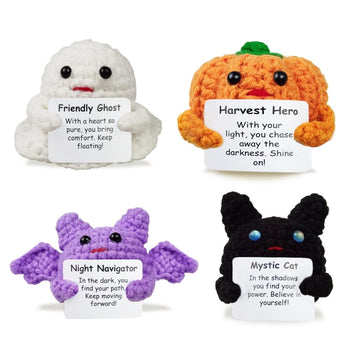 Muyiz 4 Pack Knitted Wool Halloween Toys With Positive Card Crochet Dolls For Halloween Party Favors Treat Bags Cheer Up Gifts