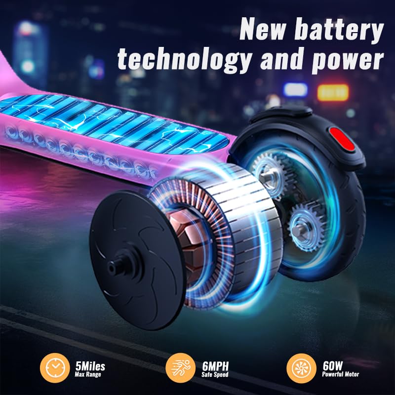 Lieagle Electric Scooter For Kids Age 6-12, 60W Motor, 5Miles Range, 6.2Mph, 5.3 '' Rubber Tires W/Rgb Wheel Lights & 7-Color He