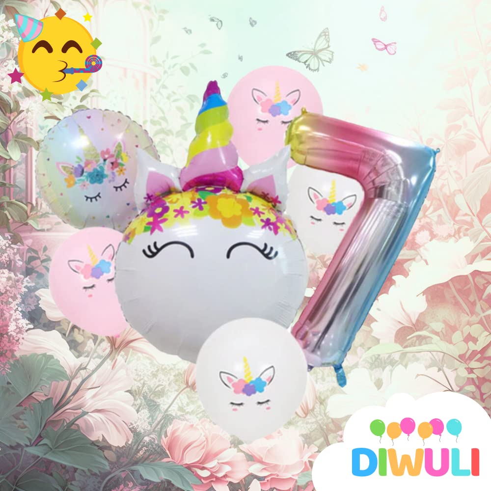 Diwuli Unicorn Birthday Decorations For Girls Set - Number 7 Balloon Pink Gradient, Unicorn Balloons, Unicorn Party Decorations,