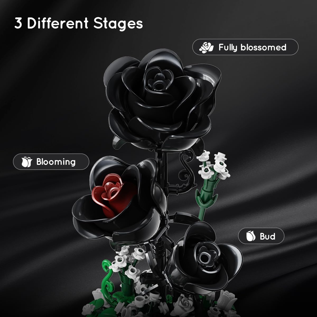 HiWEEGO Flower Bouquet Building Set with LED Lights - 310 PCS Halloween Black Rose Building Blocks Kit with Cover  Flowers Botanical Collection Valentine's Day Gift for Girls mature-themed Women Home Decor