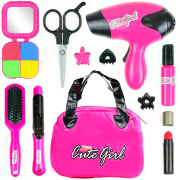 Big Mos Toys Kids Beauty Makeup and Hair Salon Set, Girls Pretend Play Toy with Cosmetic Bag, Hairdryer, Curling Iron, Blush Pal