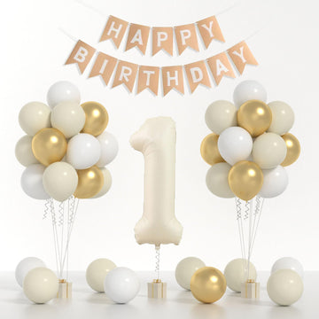 Yumiche Birthday Decorations Kit - 40" Cream Number 1 Balloon & HAPPY BIRTHDAY Banner with 12" White Sand Metallic Gold Balloons