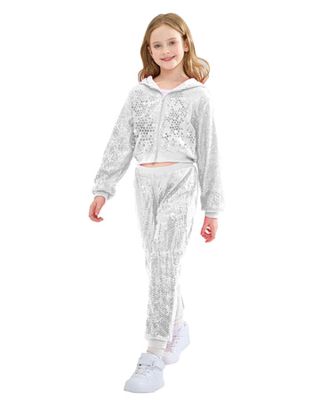 Lolanta Girls Silver Dance Costume Cropped Jacket Sequin Pants Set Girls Sequin Pants Set (Silver, 10-11 Years)