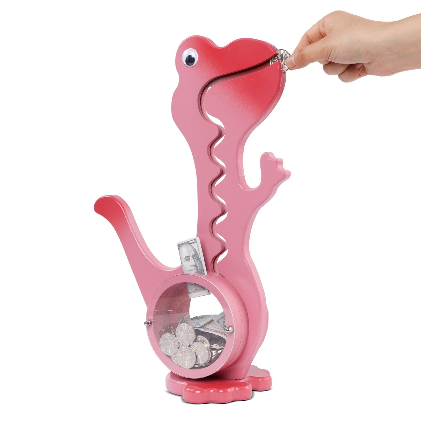 squacco Dinosaur Piggy Bank Boalord for Girls Boys Kids Big Animal Personalized Wooden Coin Bank Money Saving Box for Children mature-themed Best Toy Gift(Dino -Pink)