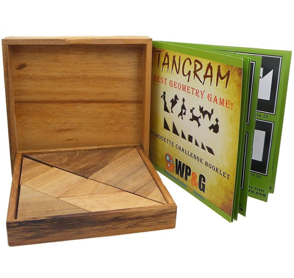 Tangram Wooden Puzzle Geometry Game, with 48 Silhouette Tangrams Challenge Booklet