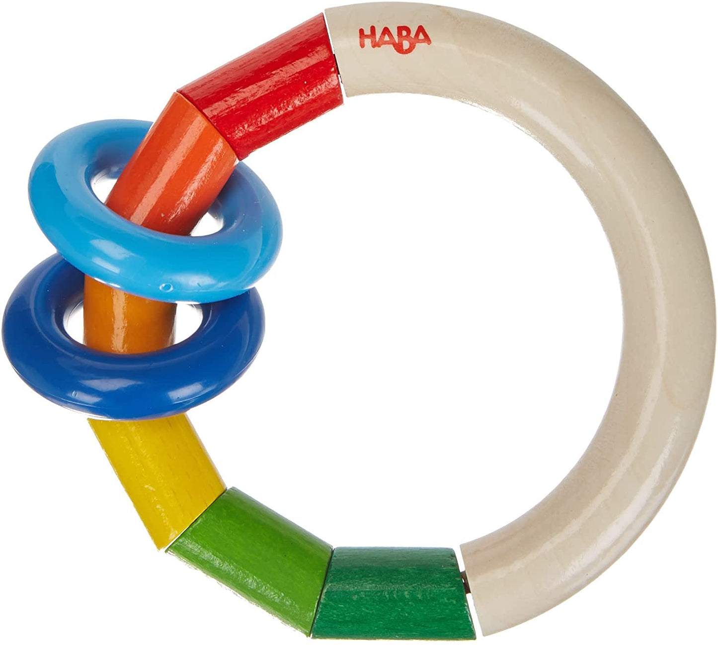 HABA Wooden Rainbow Teething Rattle Toy for Babies 0-18 Months - Kringlering Wood Grasping Toy with Plastic Rings - Sensory Toys