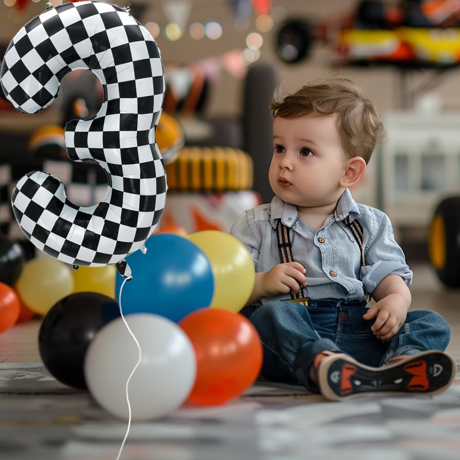 Eoopoon 42 Inch Checkered Number Balloon 3, 3rd Race Car Flag Birthday Party Supplies for Boys Girls, Large Black and White Numb