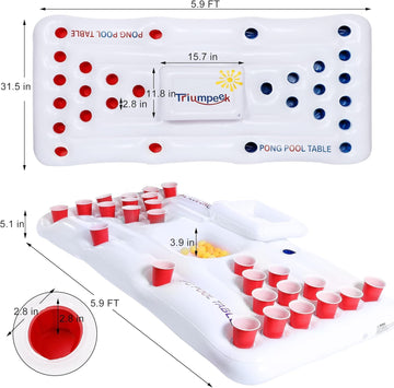 Triumpeek Inflatable Pool Game Table Float - 6FT Water Activity Center, Cooler Included, Multi-Use Lounge, Blue/Red
